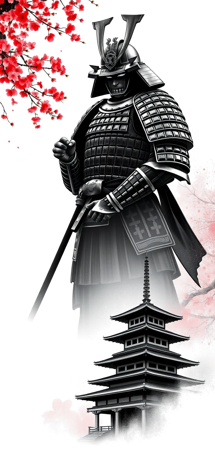 armoured samurai in full armour beneath falling cherry blossom at the top, a tiered japanese temple in perspective at the bottom, ornamental smoke swirls and red petals carrying between them