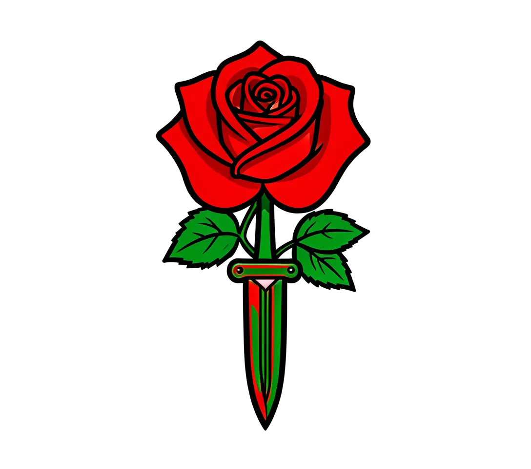 A traditional red rose and dagger for the outer forearm, bold black outlines, red and green ink, clear open spaces.