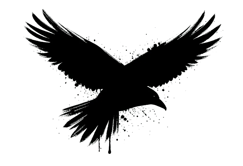 A raven in flight, strong solid black shapes and open negative space, no grey gradients.