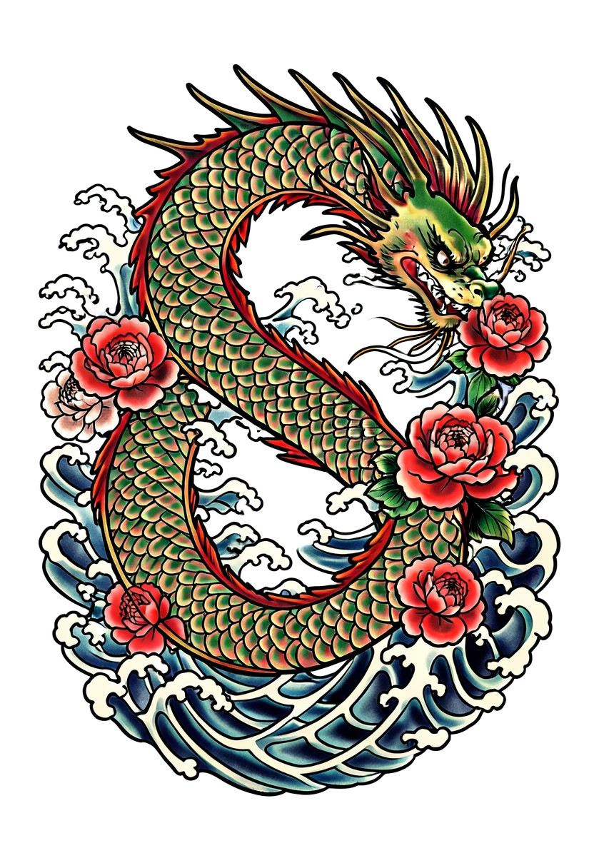 A Japanese dragon curling among peonies and wind bars, red, green and gold ink, a flowing full back composition.