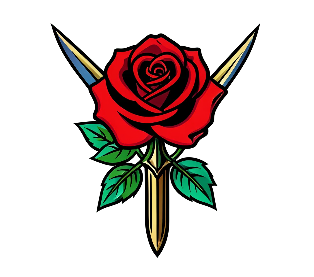 A traditional red rose and dagger for the outer forearm, bold black outlines, red and green ink, clear open spaces.