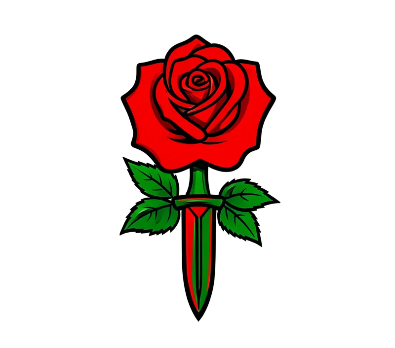 A traditional red rose and dagger for the outer forearm, bold black outlines, red and green ink, clear open spaces.