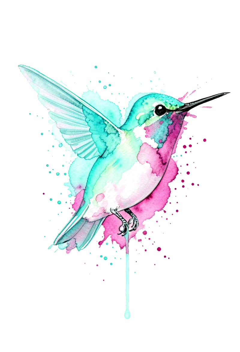 A hummingbird with translucent turquoise and magenta watercolor washes and a few loose splashes.
