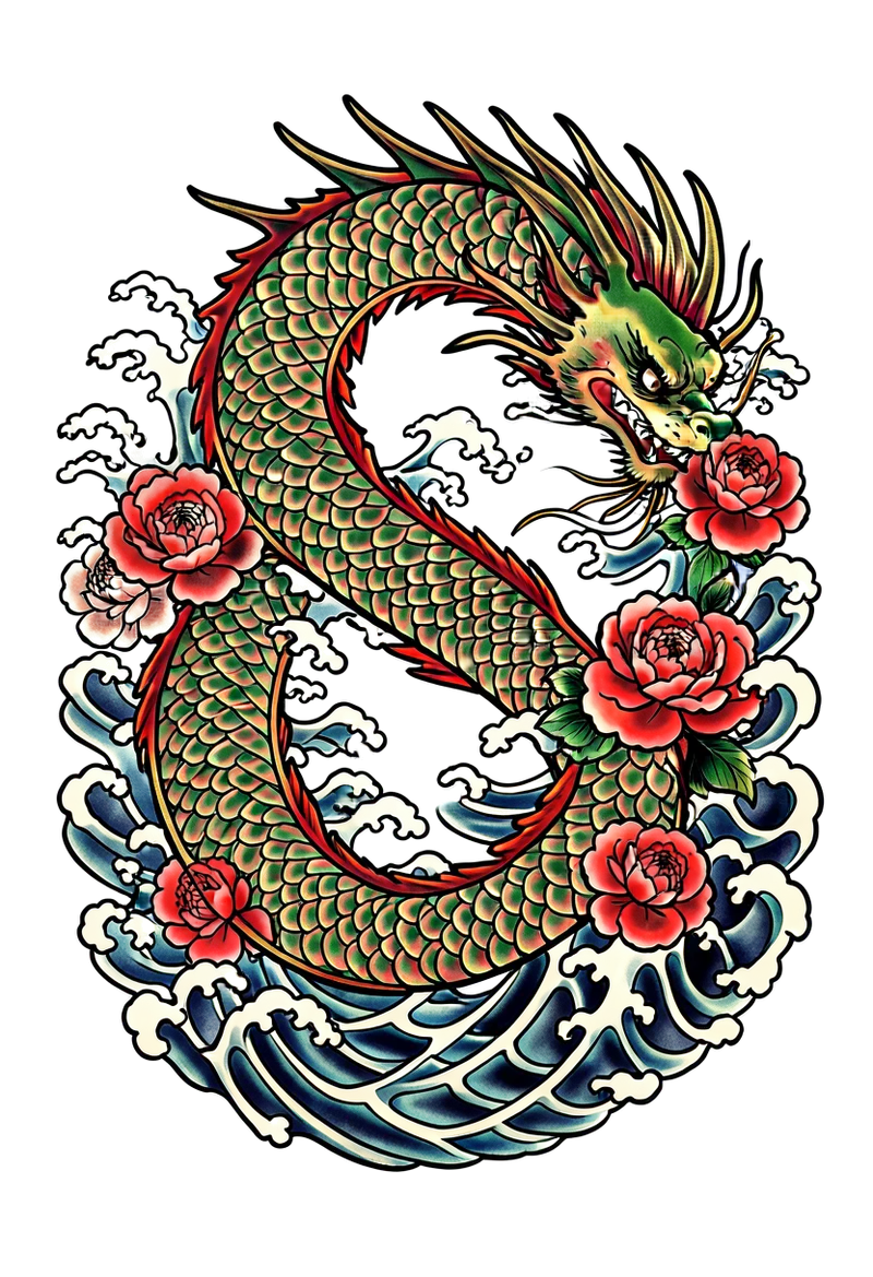 A Japanese dragon curling among peonies and wind bars, red, green and gold ink, a flowing full back composition.
