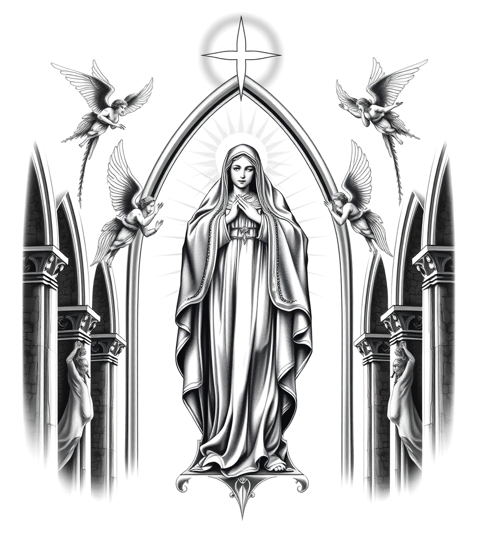 Virgin Mary in a cathedral with angels looking down from heavenin realism tattoo style, featuring a highly detailed, lifelike, capturing every detail, photorealistic, ultra realistic, intricate shading, smooth and sharp,