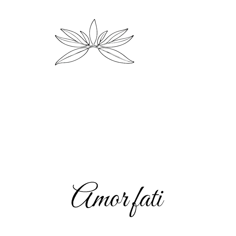 A fine line olive branch above the exact words "Amor fati", black ink.