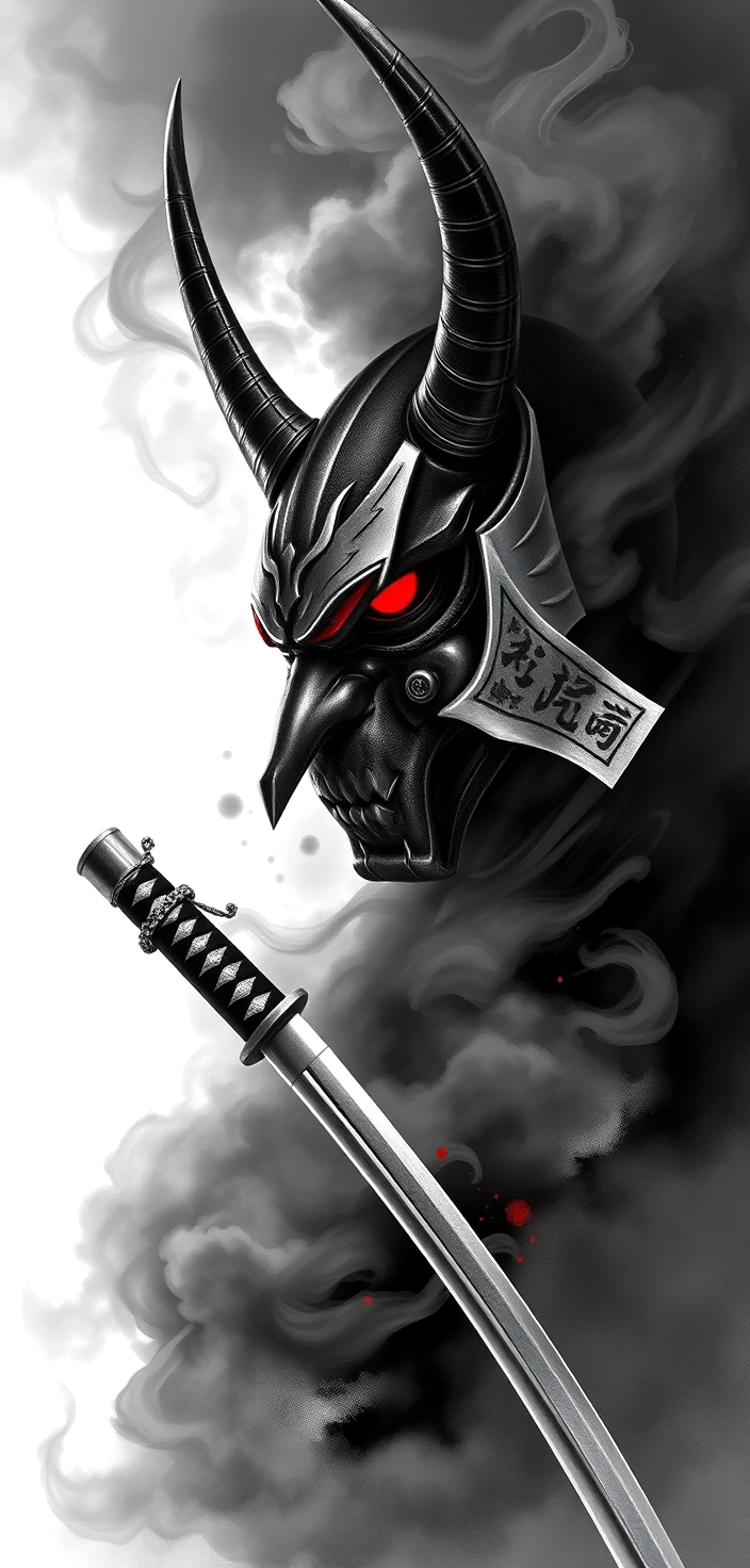 a full sleeve in black and grey realism: a horned hannya demon mask at the shoulder, its face split and metallic with a glowing red eye, holding a katana whose blade runs down the outer arm, wreathed in smoke and storm cloud, deep blacks with red as the only colour