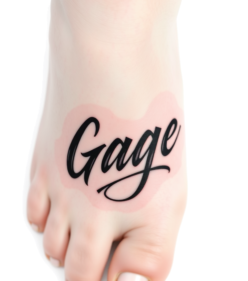 My son Gage name on my left fore aretext-based tattoo, japanese font ultra-realistic, perfectly placed, high-quality font design, photo-realistic shading, 8k, high quality, finely detailed typographtext-based tattoo, japanese font ultra-realistic, perfectly placed, high-quality font design, photo-realistic shading, 8k, high quality, finely detailed typograph