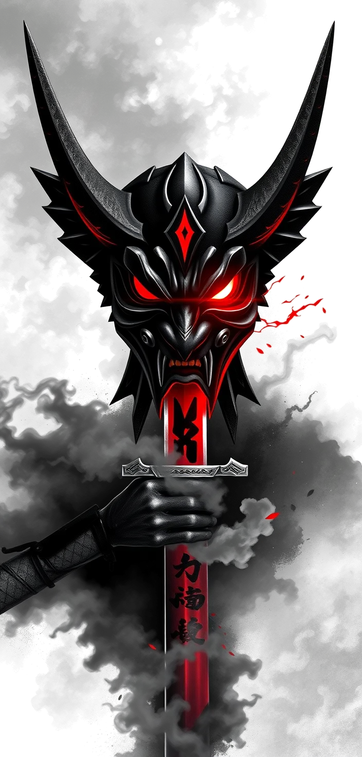 a full sleeve in black and grey realism: a horned hannya demon mask at the shoulder, its face split and metallic with a glowing red eye, holding a katana whose blade runs down the outer arm, wreathed in smoke and storm cloud, deep blacks with red as the only colour
