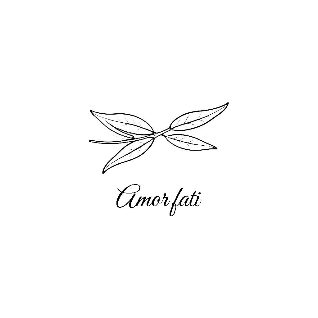 A fine line olive branch above the exact words "Amor fati", black ink.
