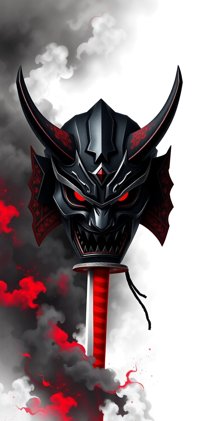 a full sleeve in black and grey realism: a horned hannya demon mask at the shoulder, its face split and metallic with a glowing red eye, holding a katana whose blade runs down the outer arm, wreathed in smoke and storm cloud, deep blacks with red as the only colour