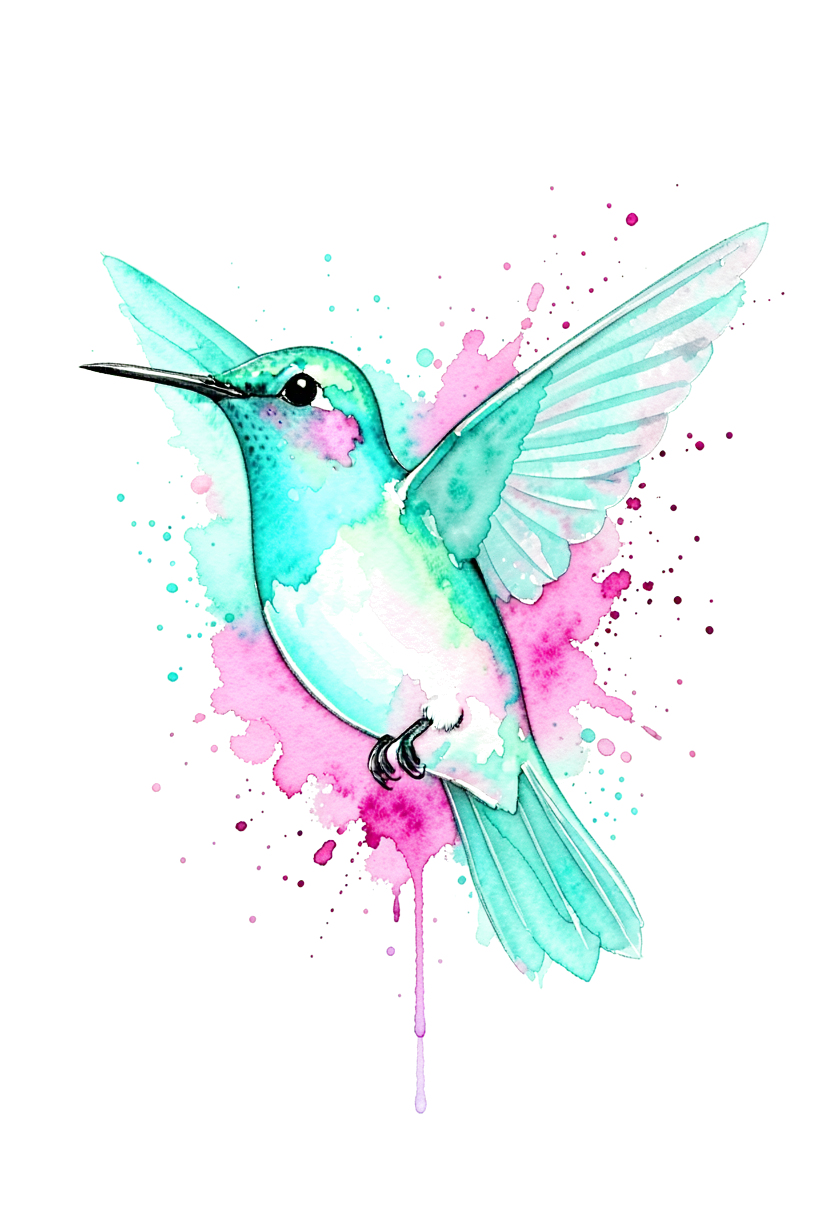 A hummingbird with translucent turquoise and magenta watercolor washes and a few loose splashes.