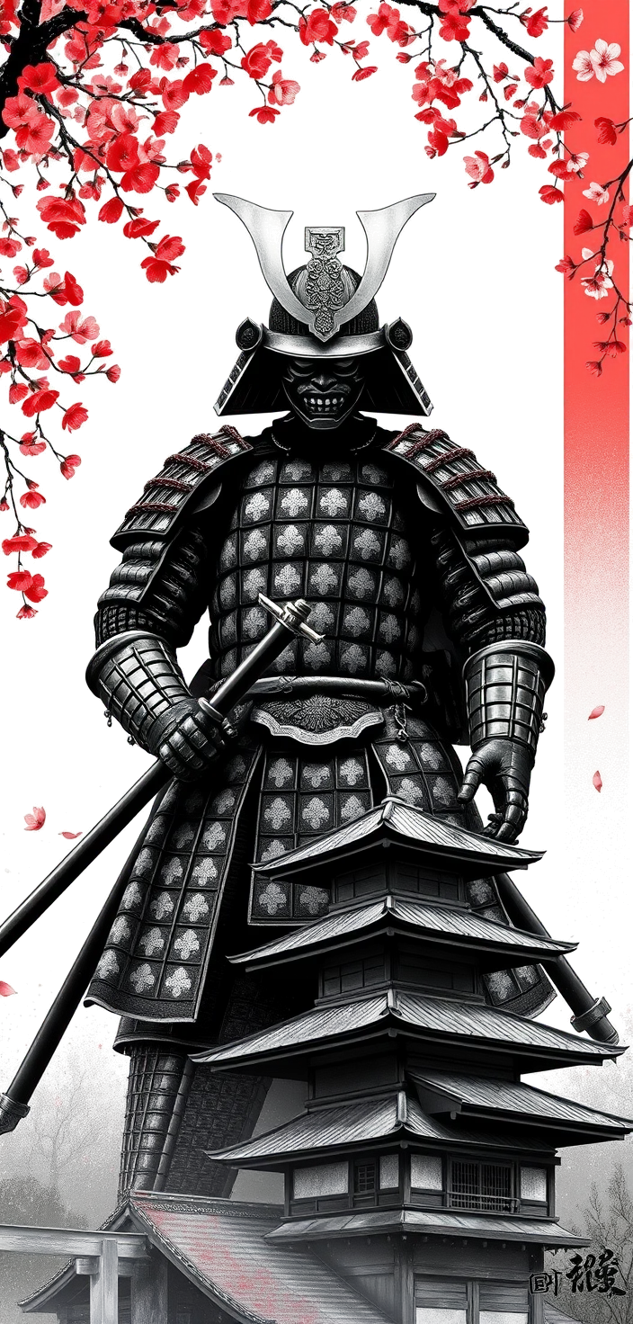 armoured samurai in full armour beneath falling cherry blossom at the top, a tiered japanese temple in perspective at the bottom, ornamental smoke swirls and red petals carrying between them