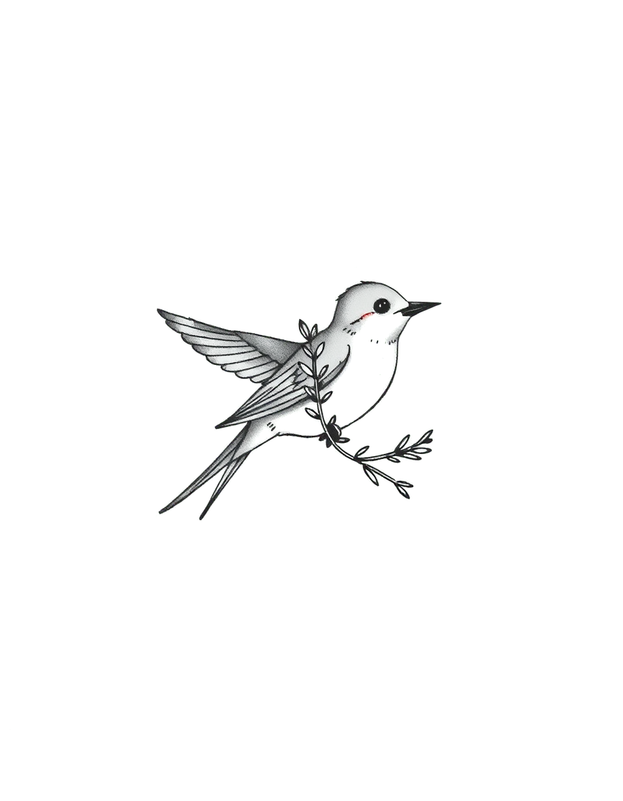 a small black ink swallow with a sprig of rosemary