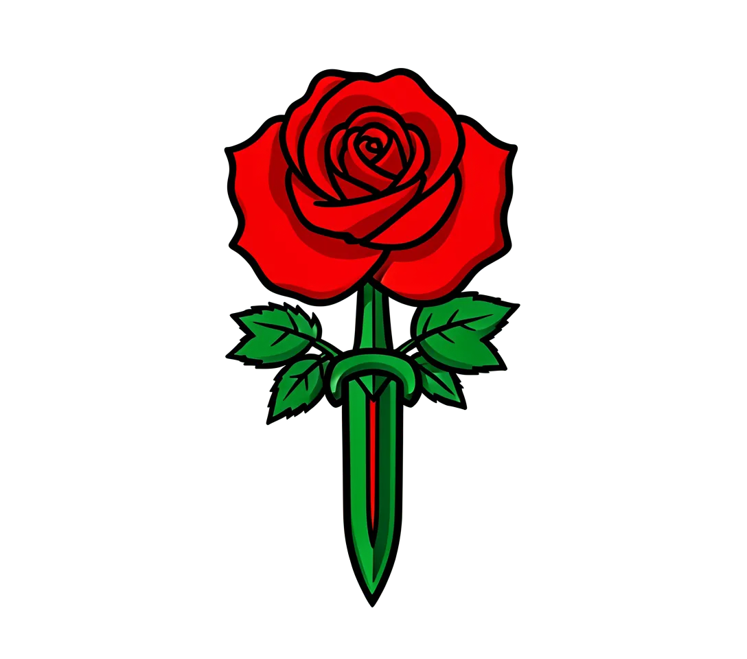 A traditional red rose and dagger for the outer forearm, bold black outlines, red and green ink, clear open spaces.