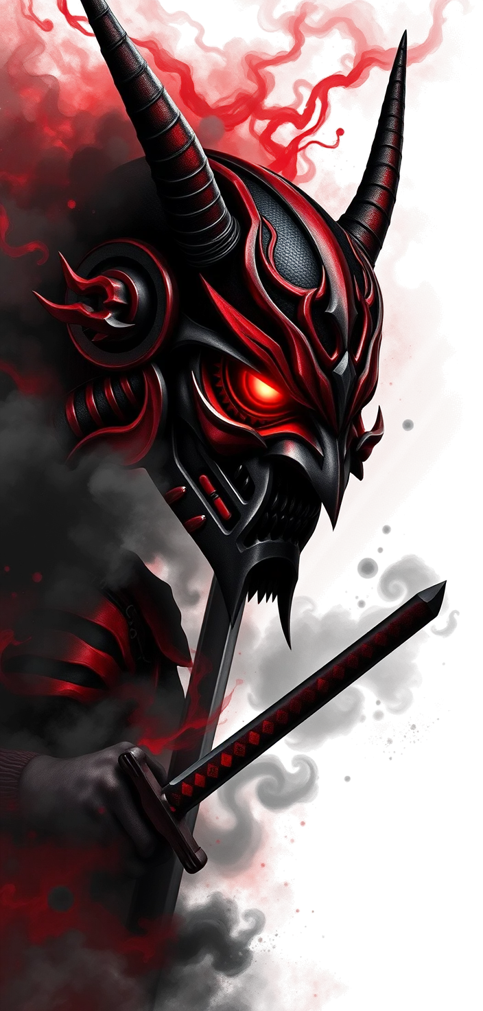 a full sleeve in black and grey realism: a horned hannya demon mask at the shoulder, its face split and metallic with a glowing red eye, holding a katana whose blade runs down the outer arm, wreathed in smoke and storm cloud, deep blacks with red as the only colour