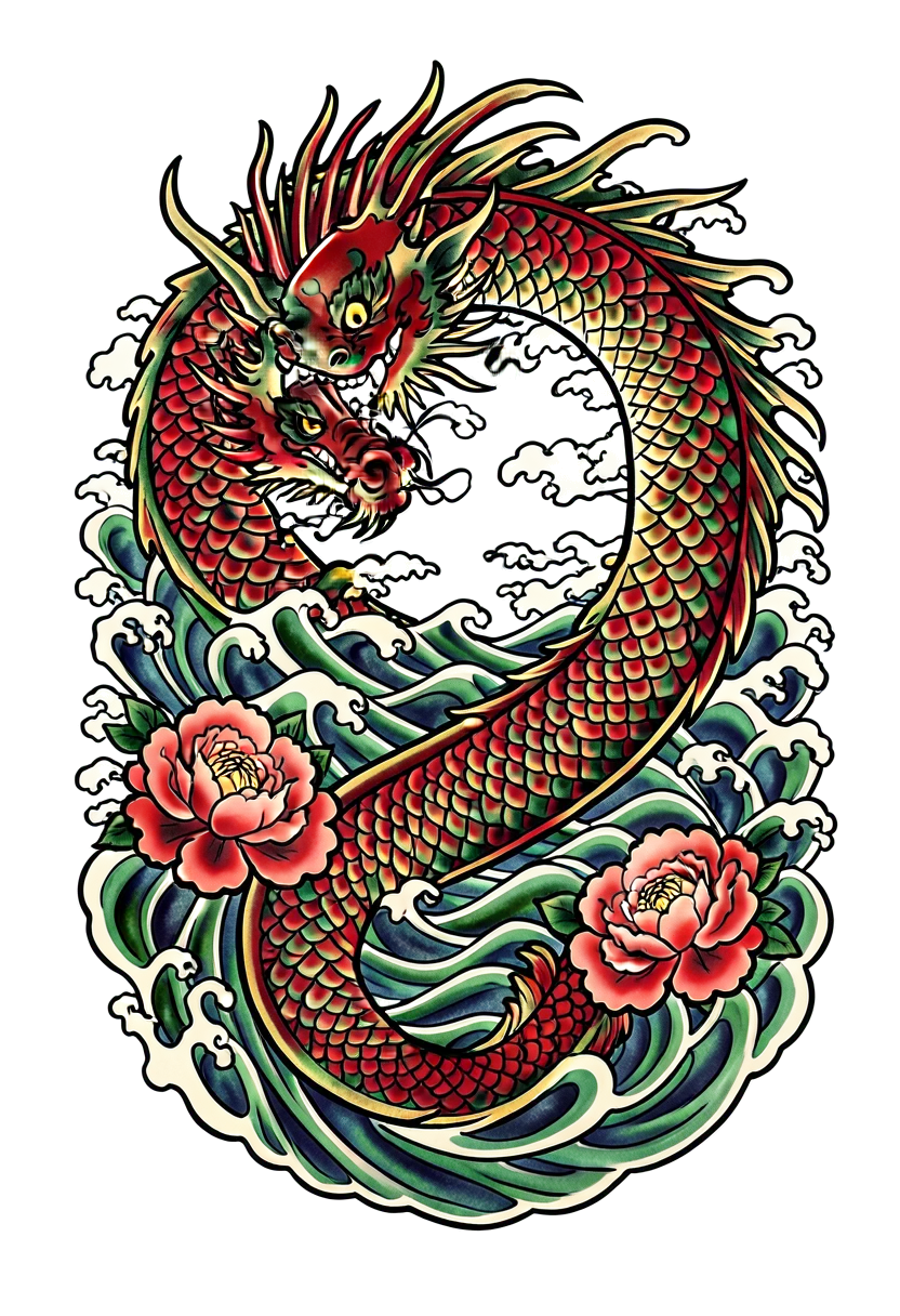 A Japanese dragon curling among peonies and wind bars, red, green and gold ink, a flowing full back composition.