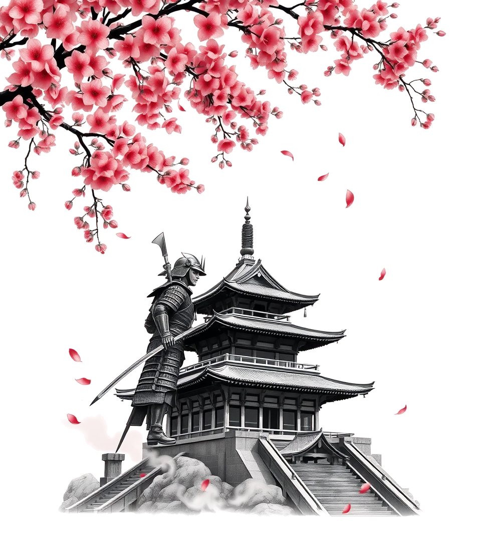 armoured samurai in full armour beneath falling cherry blossom at the top, a tiered japanese temple in perspective at the bottom, ornamental smoke swirls and red petals carrying between them