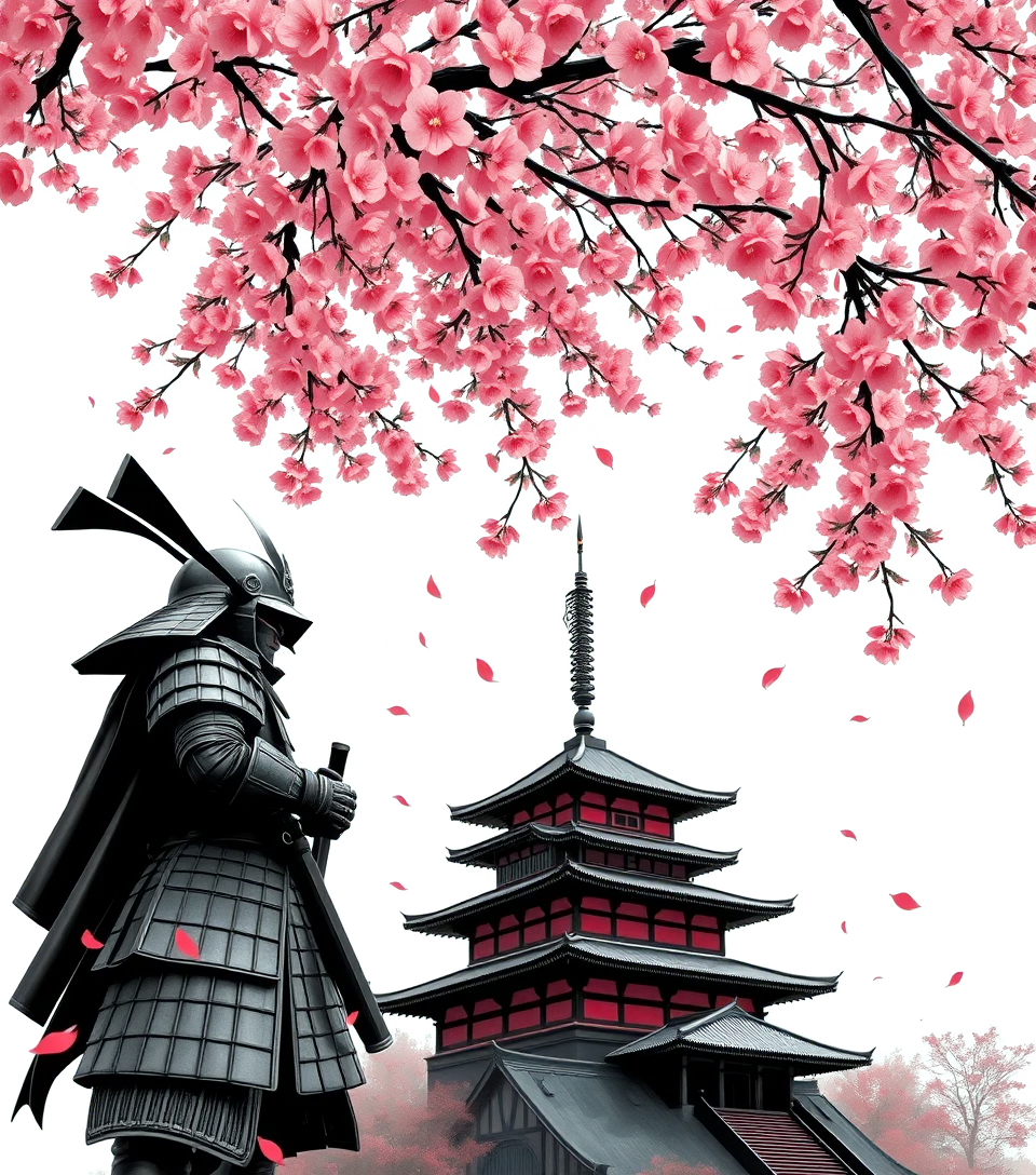 armoured samurai in full armour beneath falling cherry blossom at the top, a tiered japanese temple in perspective at the bottom, ornamental smoke swirls and red petals carrying between them