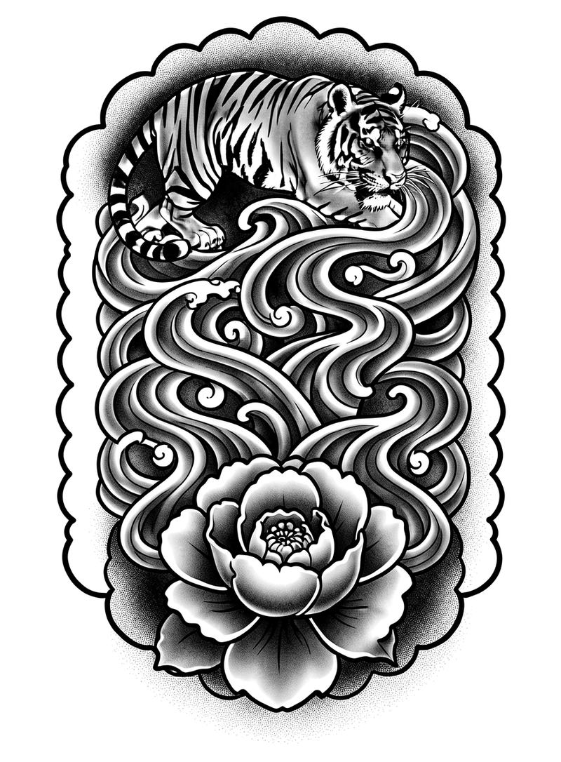 Japanese half sleeve on the upper right arm, a tiger near the shoulder, a peony near the elbow, connected by wind bars, black and grey ink.