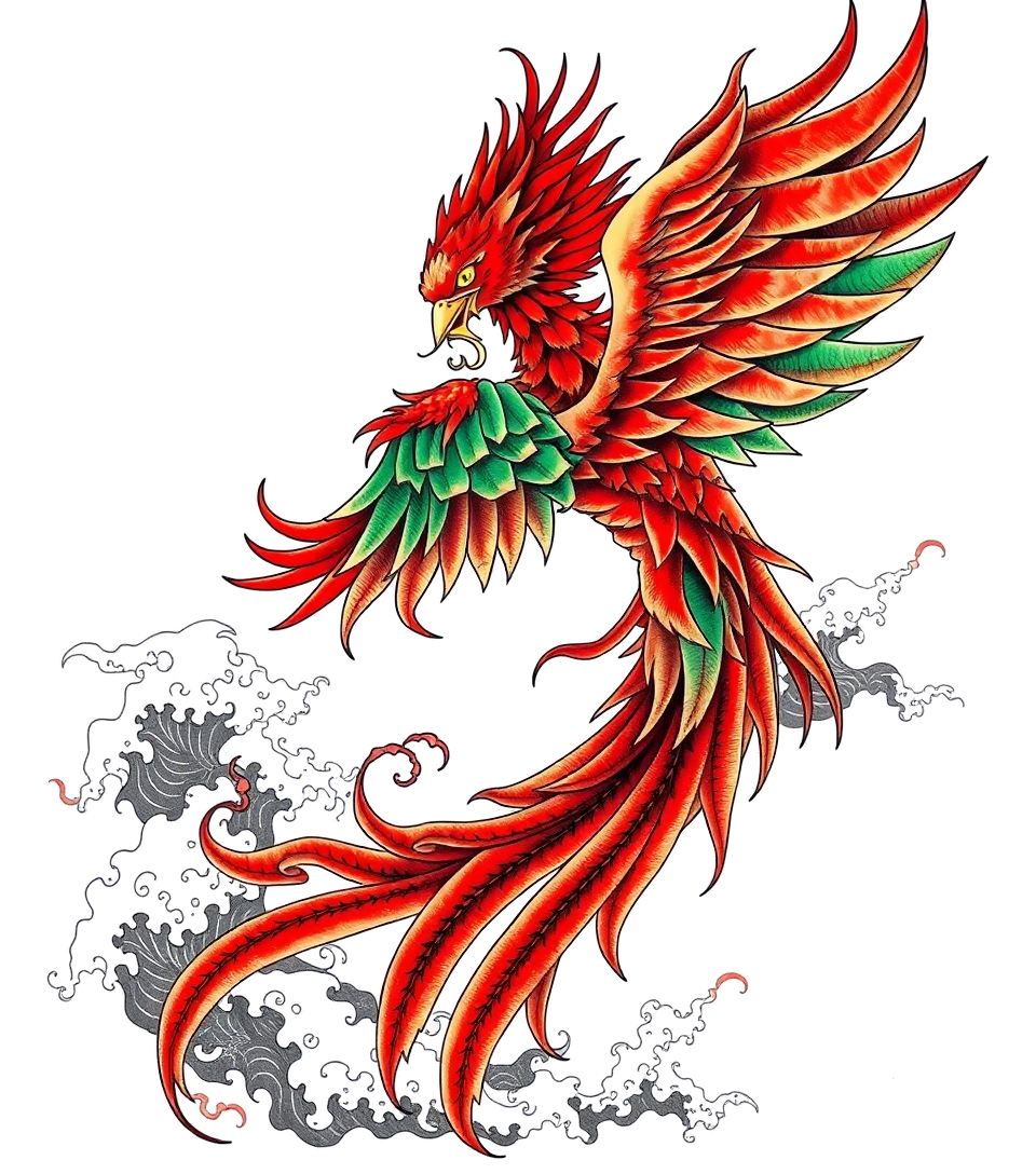 Rising phoenix with vibrant fiery wingshigly detailed tattoohigly detailed tattoo