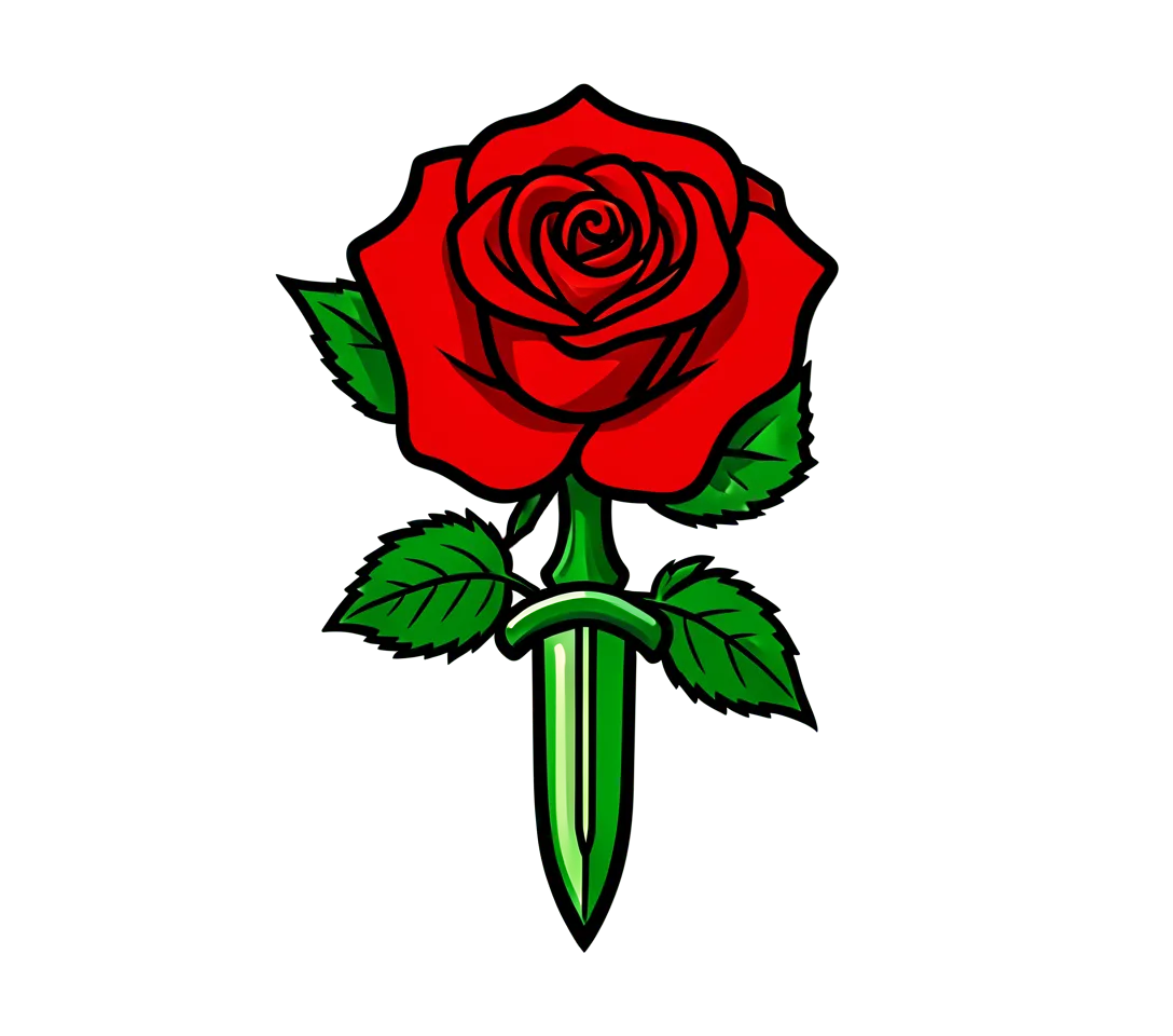 A traditional red rose and dagger for the outer forearm, bold black outlines, red and green ink, clear open spaces.