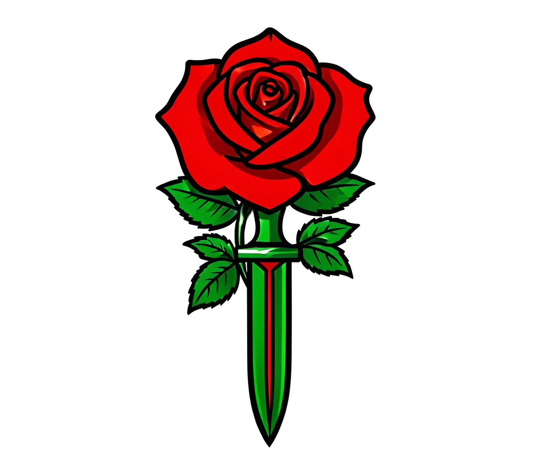 A traditional red rose and dagger for the outer forearm, bold black outlines, red and green ink, clear open spaces.