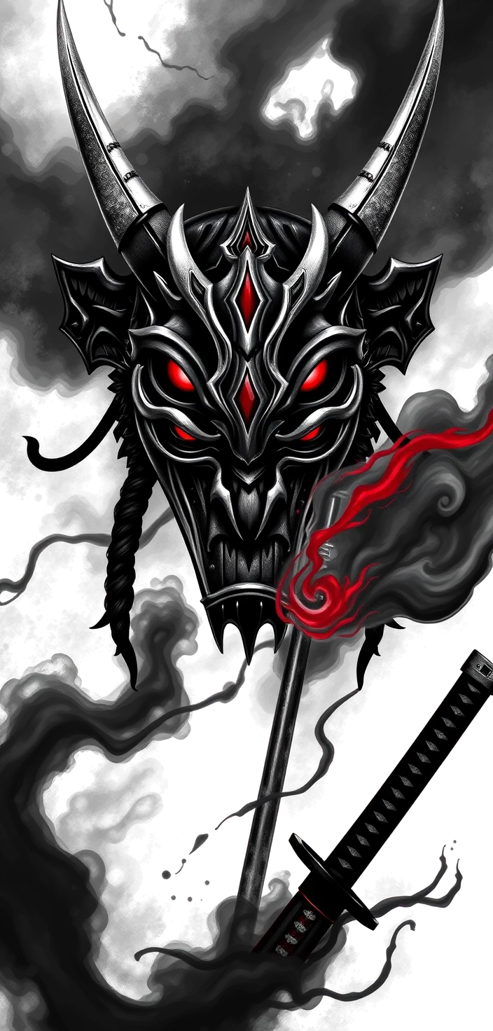 a full sleeve in black and grey realism: a horned hannya demon mask at the shoulder, its face split and metallic with a glowing red eye, holding a katana whose blade runs down the outer arm, wreathed in smoke and storm cloud, deep blacks with red as the only colour
