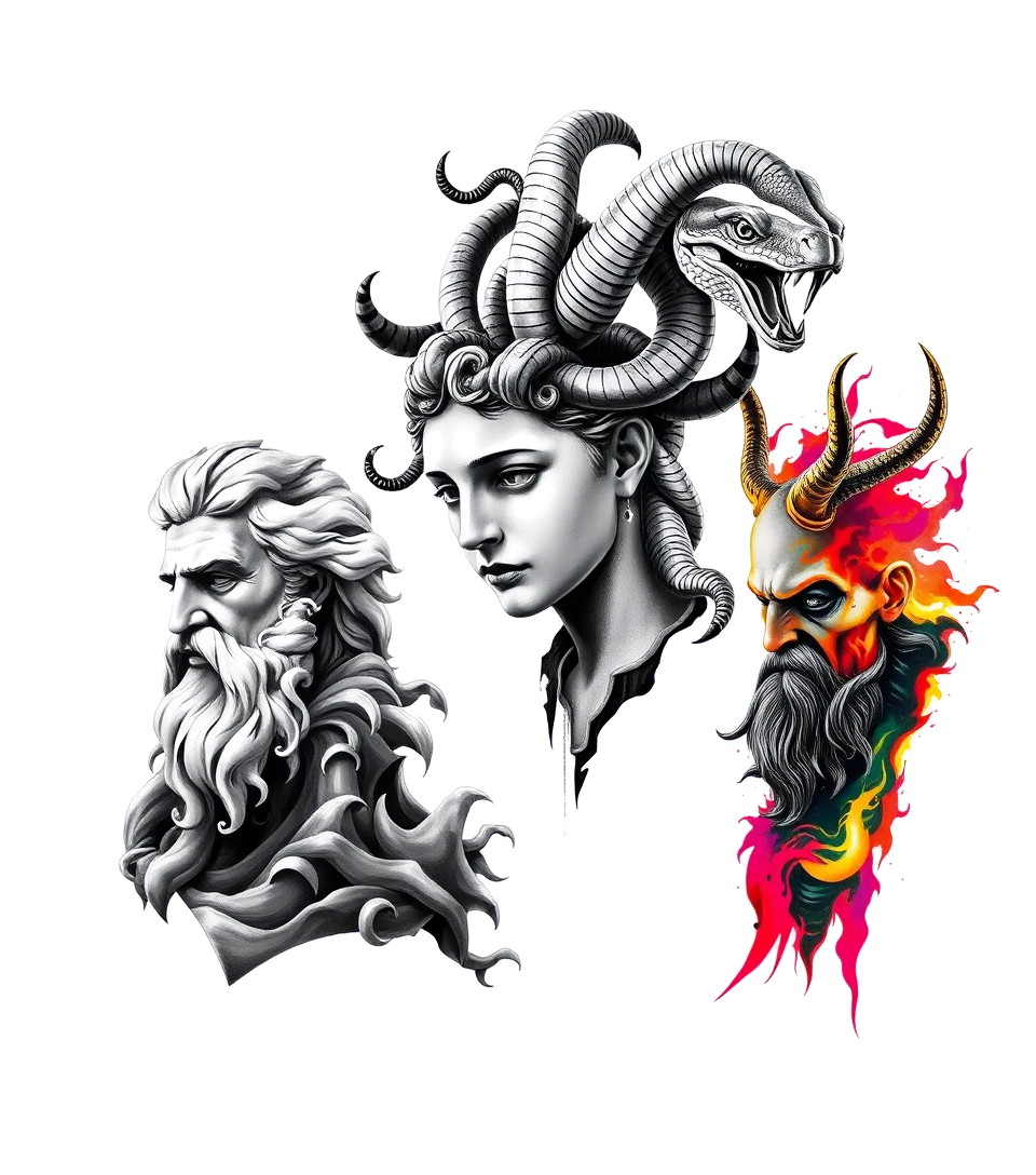 Zeus in lightning bolt sky. Poseidon In dark ocean waves. Medusa with king Cobra snakes as hair. Hades in red hellfire. 
Full arm sleeve tattooin distorted and fragmented tattoo design, featuring a classical statue bust, in a glitch art style with vibrant, overlapping colors of cyan, magenta, and yellow, creating a digital distortion effect