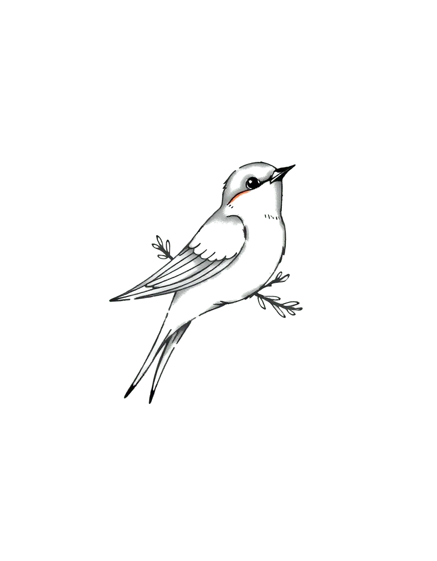 a small black ink swallow with a sprig of rosemary